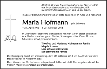 Traueranzeige von Maria Hofmann 