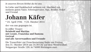 Traueranzeige von Johann Käfer 