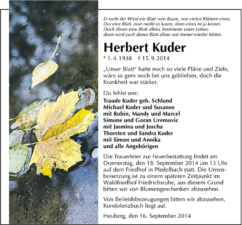  Traueranzeige für Herbert Kuder vom 16.09.2014 aus 