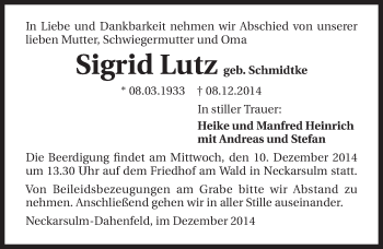 Traueranzeige von Sigrid Lutz 