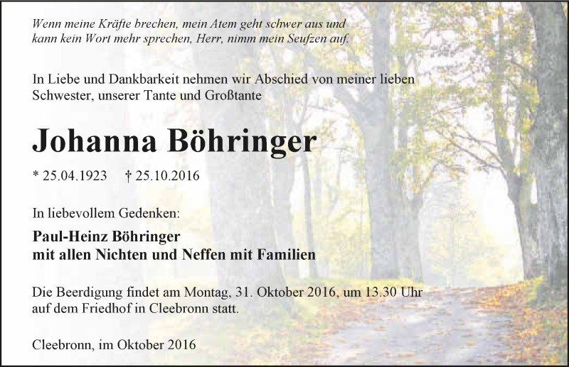  Traueranzeige für Johanna Böhringer vom 28.10.2016 aus 