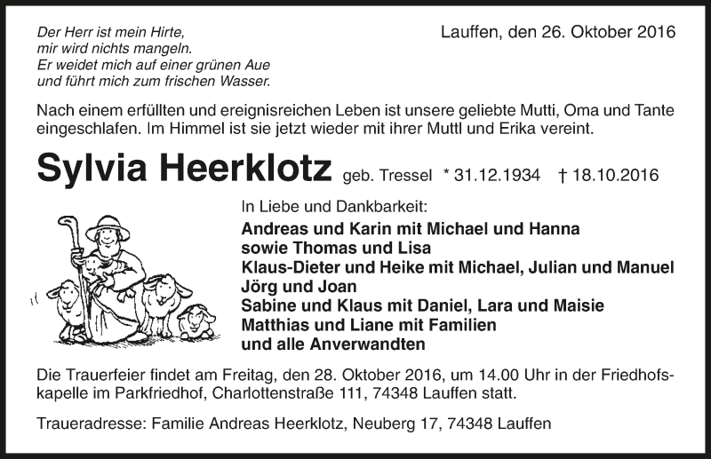  Traueranzeige für Sylvia Heerklotz vom 26.10.2016 aus 