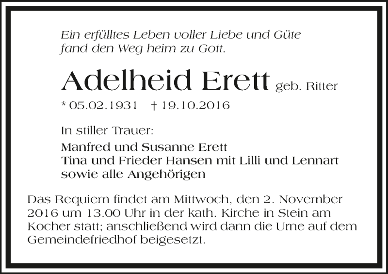  Traueranzeige für Adelheid Erett vom 26.10.2016 aus 