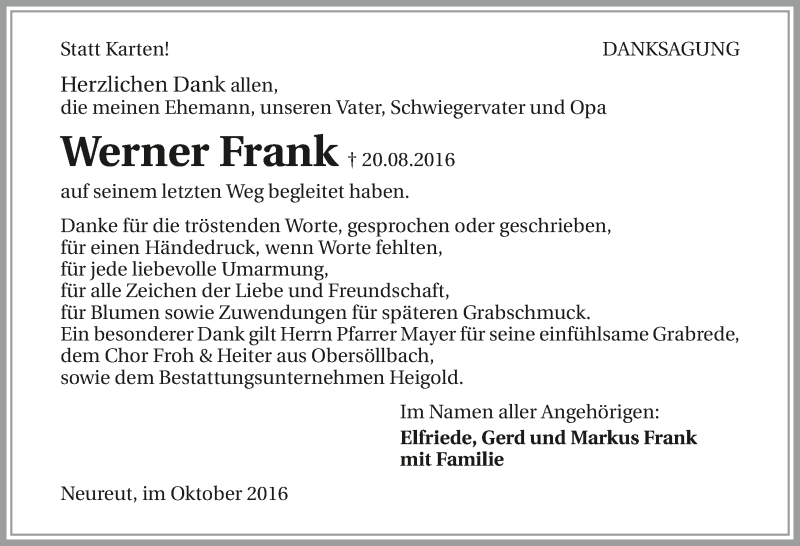  Traueranzeige für Werner Frank vom 08.10.2016 aus 