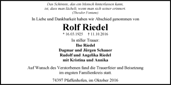 Traueranzeige von Rolf Riedel 