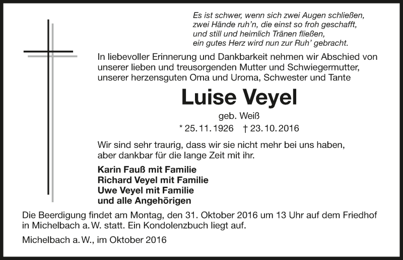  Traueranzeige für Luise Veyel vom 26.10.2016 aus 
