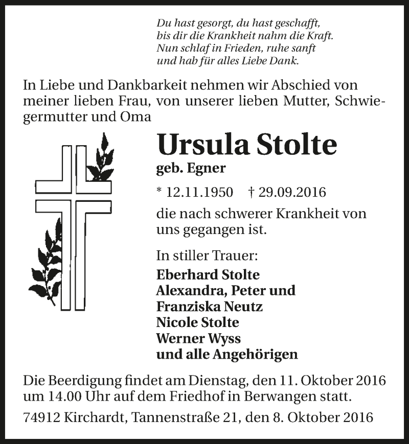  Traueranzeige für Ursula Stolte vom 07.10.2016 aus 