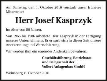 Traueranzeige von Josef Kasprzyk 