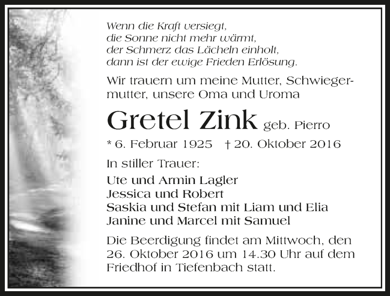  Traueranzeige für Gretel Zink vom 22.10.2016 aus 