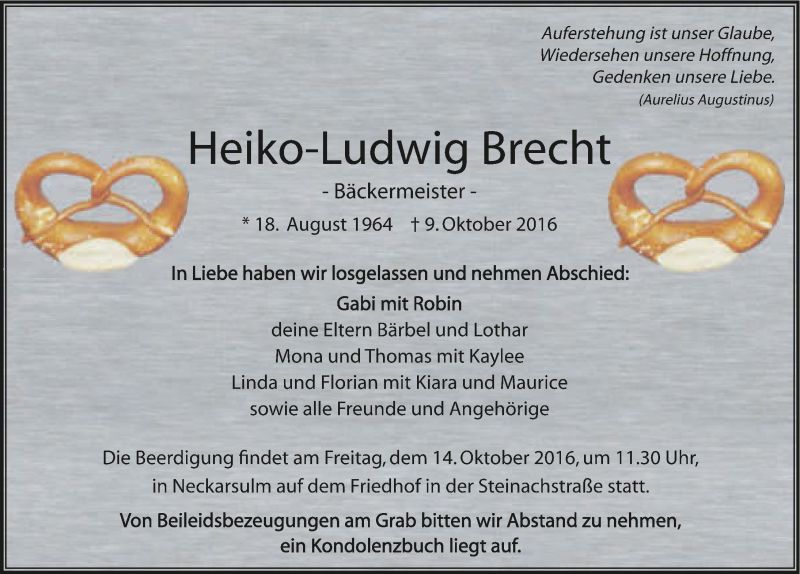  Traueranzeige für Heiko-Ludwig Brecht vom 12.10.2016 aus 