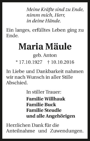 Traueranzeige von Maria Mäule 