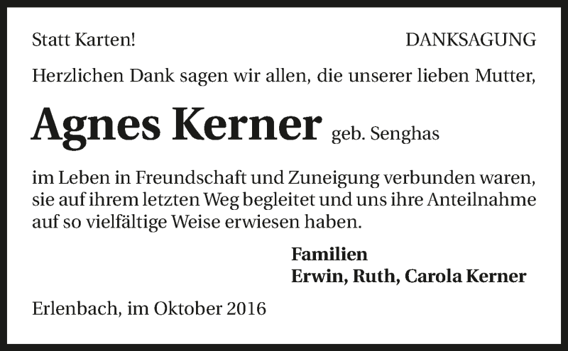  Traueranzeige für Agnes Kerner vom 14.10.2016 aus 
