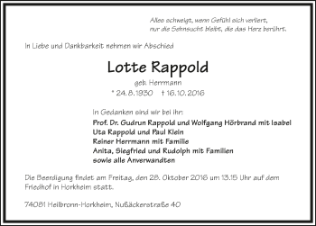 Traueranzeige von Lotte Rappold 