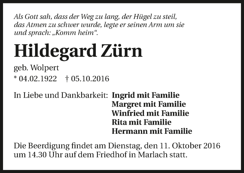  Traueranzeige für Hildegard Zürn vom 08.10.2016 aus 