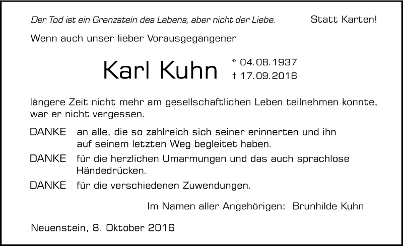 Traueranzeige für Karl Kuhn vom 08.10.2016 aus 