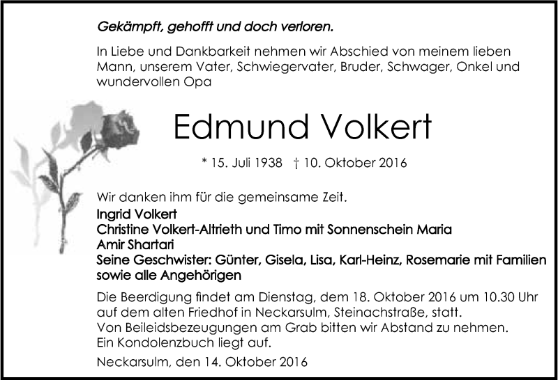  Traueranzeige für Edmund Volkert vom 14.10.2016 aus 