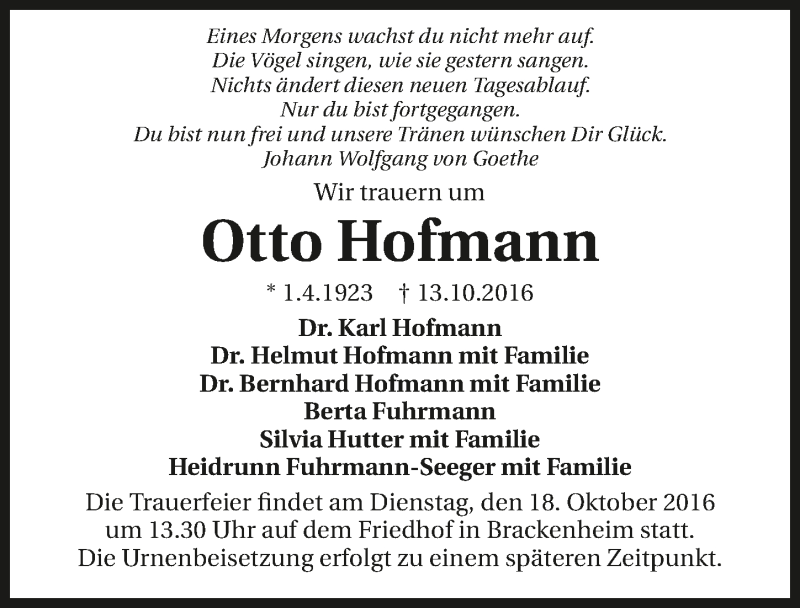  Traueranzeige für Otto Hofmann vom 15.10.2016 aus 