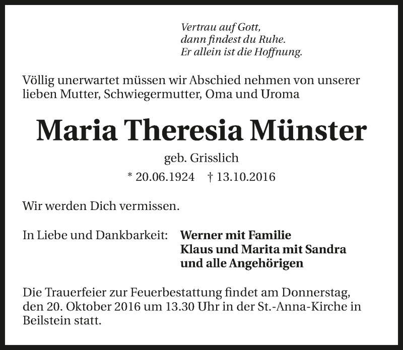  Traueranzeige für Maria Theresia Münster vom 18.10.2016 aus 