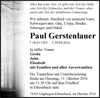 Traueranzeige von Paul Gerstenlauer 