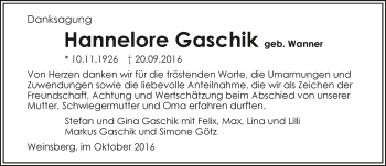 Traueranzeige von Hannelore Gaschlik 
