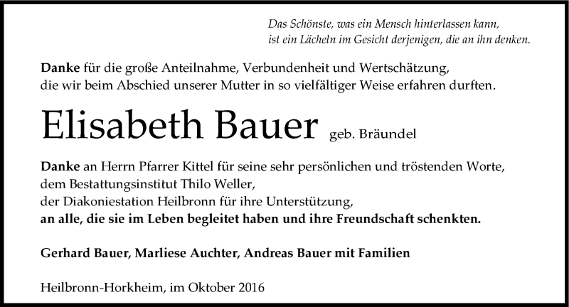  Traueranzeige für Elisabeth Bauer vom 22.10.2016 aus 