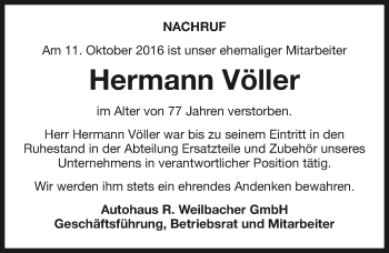 Traueranzeige von Hermann Völler 