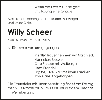 Traueranzeige von Willy Scheer 