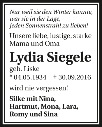 Traueranzeige von Lydia Siegele 