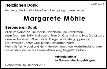 Traueranzeige von Margarete Möhle 