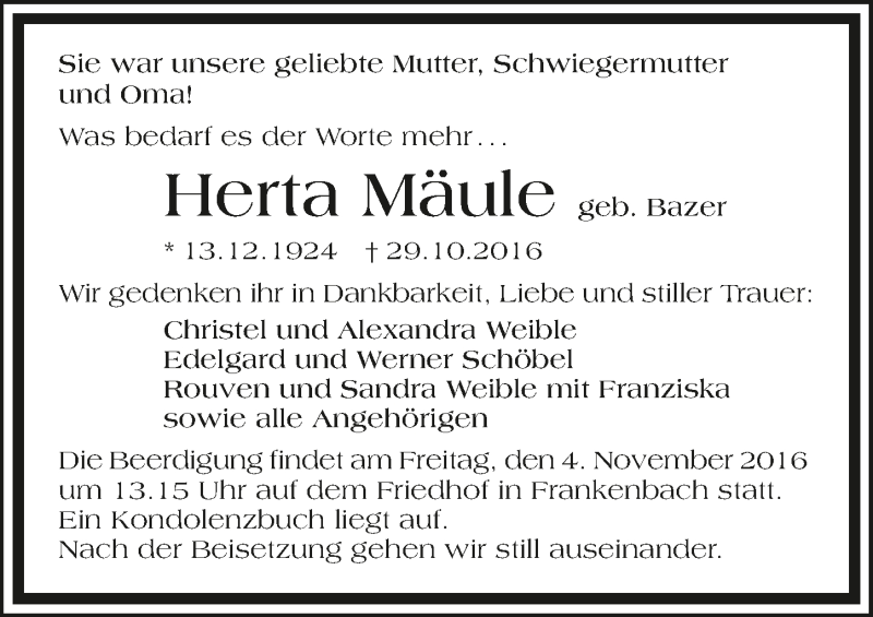  Traueranzeige für Herta Mäule vom 31.10.2016 aus 