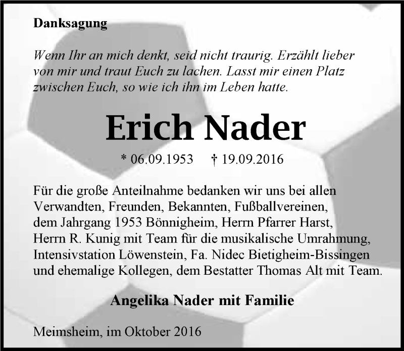 Traueranzeige für Erich Nader vom 06.10.2016 aus 