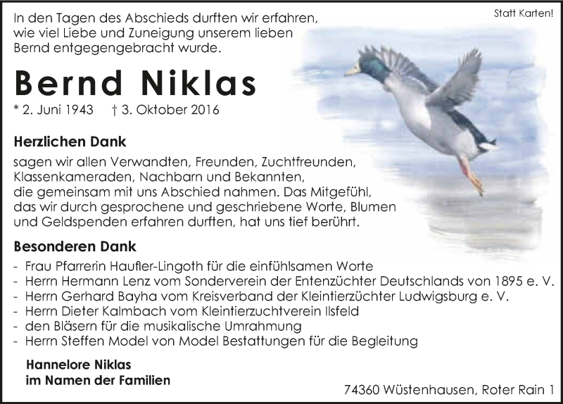  Traueranzeige für Bernd Niklas vom 29.10.2016 aus 