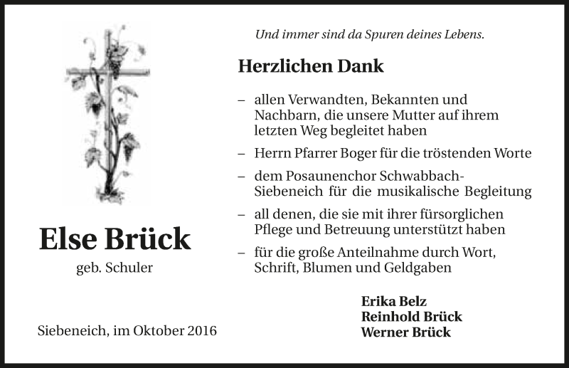  Traueranzeige für Else Brück vom 29.10.2016 aus 
