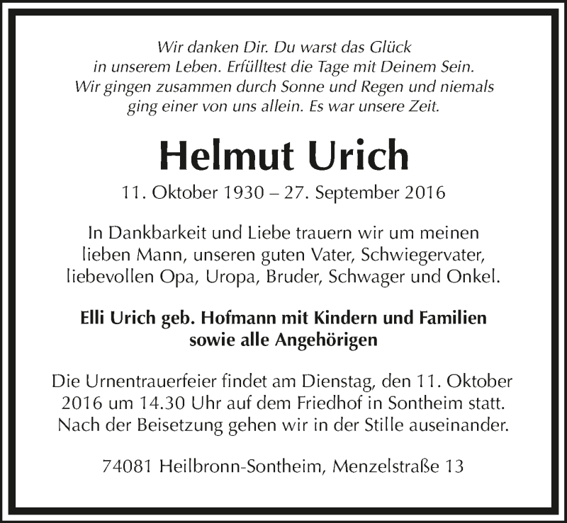  Traueranzeige für Helmut Urich vom 05.10.2016 aus 