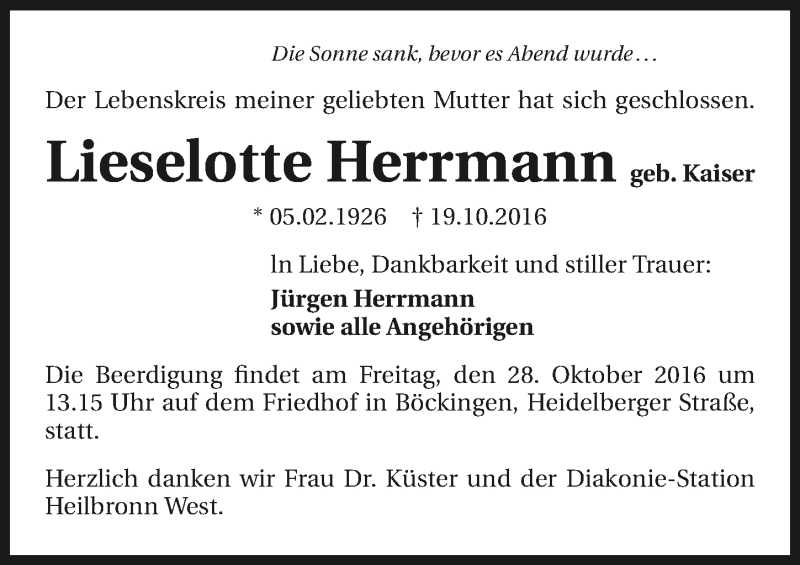  Traueranzeige für Lieselotte Herrmann vom 22.10.2016 aus 