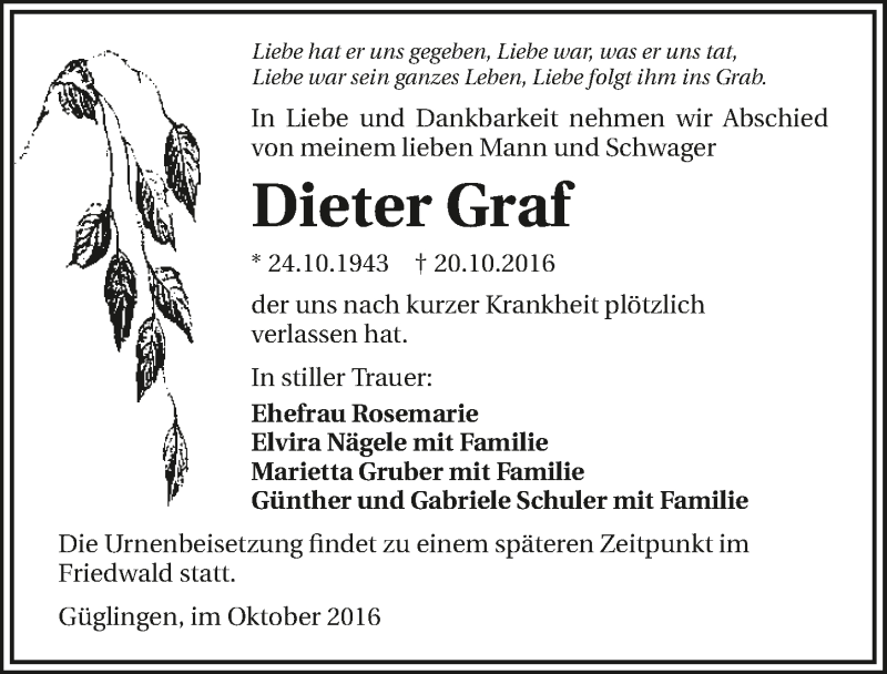  Traueranzeige für Dieter Graf vom 25.10.2016 aus 