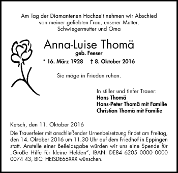 Traueranzeige von Anna-Luise Thomä 