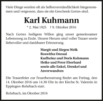Traueranzeige von Karl Kuhmann 