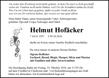 Traueranzeige von Helmut Hofäcker 