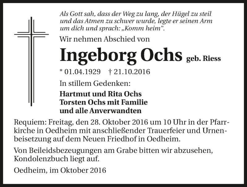  Traueranzeige für Ingeborg Ochs vom 25.10.2016 aus 