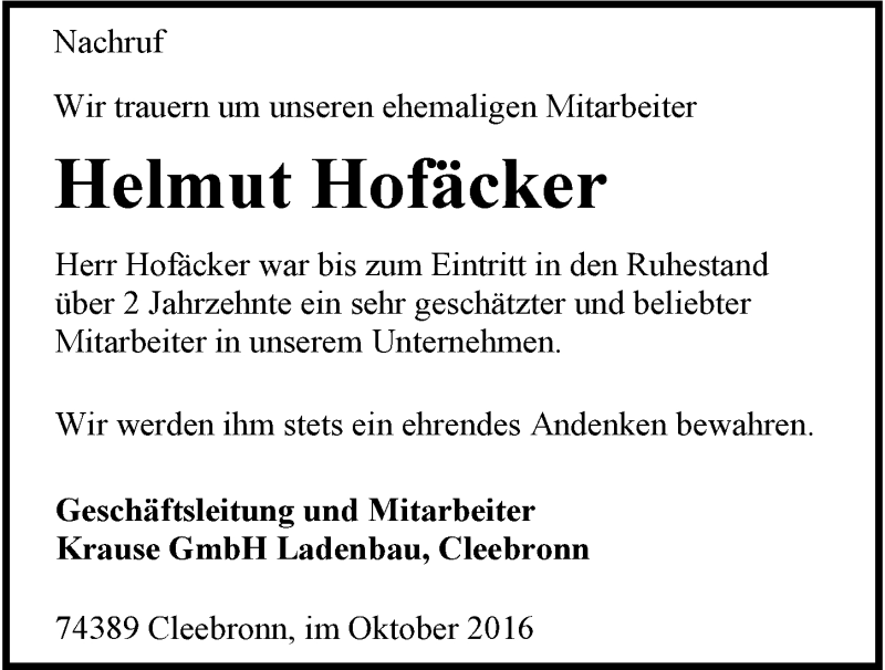  Traueranzeige für Helmut Hofäcker vom 13.10.2016 aus 