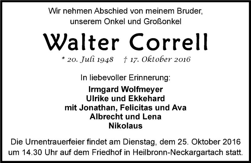  Traueranzeige für Walter Correll vom 22.10.2016 aus 