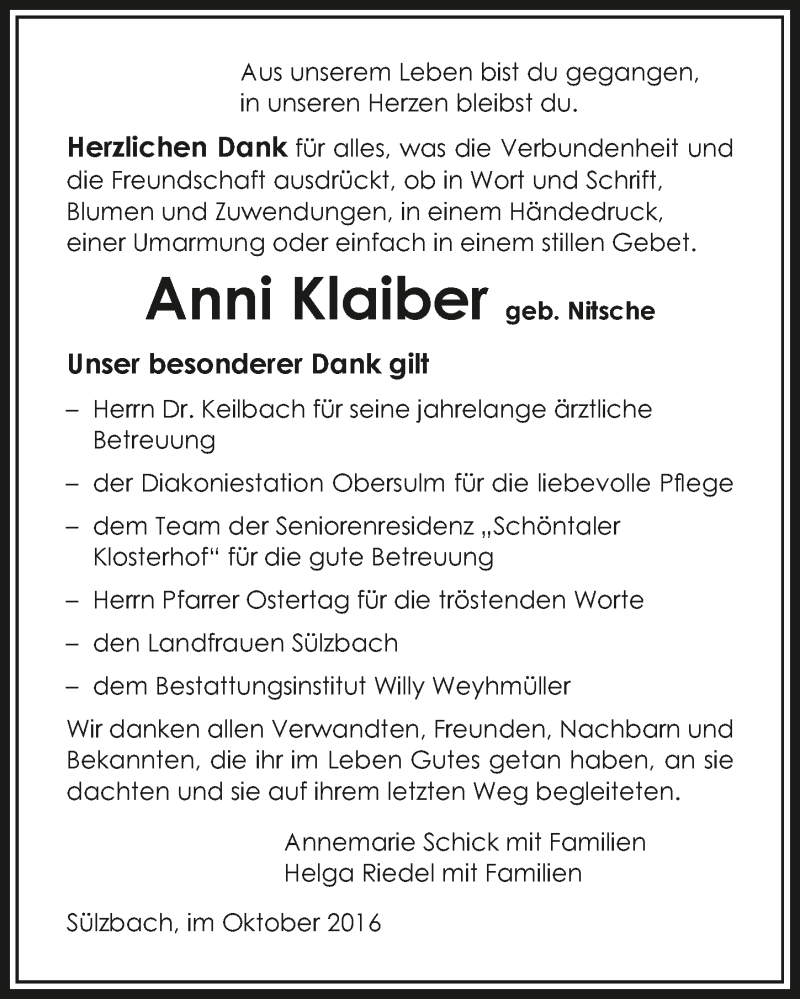  Traueranzeige für Anni Klaiber vom 05.10.2016 aus 