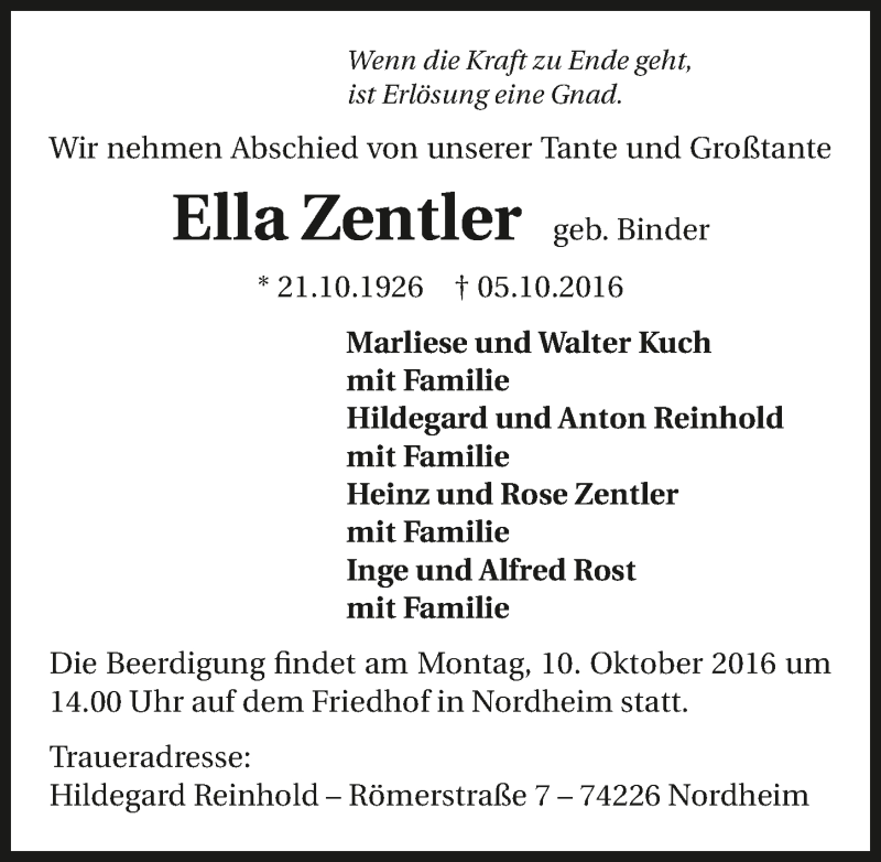  Traueranzeige für Ella Zentler vom 07.10.2016 aus 