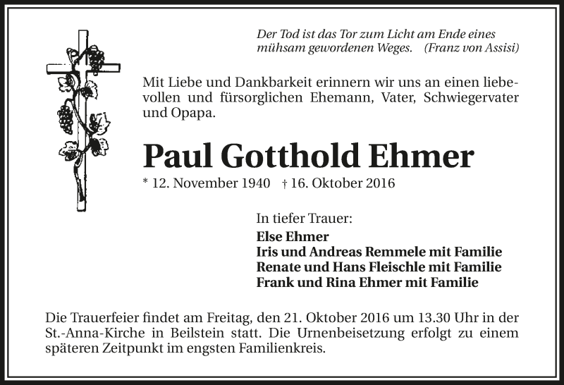  Traueranzeige für Paul Ehmer vom 19.10.2016 aus 