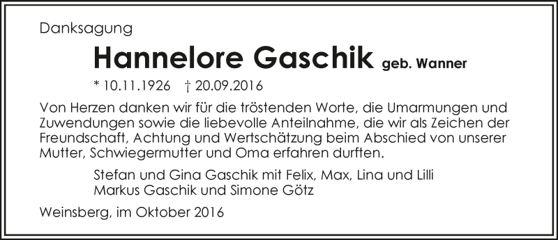  Traueranzeige für Hannelore Gaschlik vom 08.10.2016 aus 