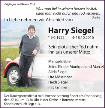 Traueranzeige von Harry Siegel 
