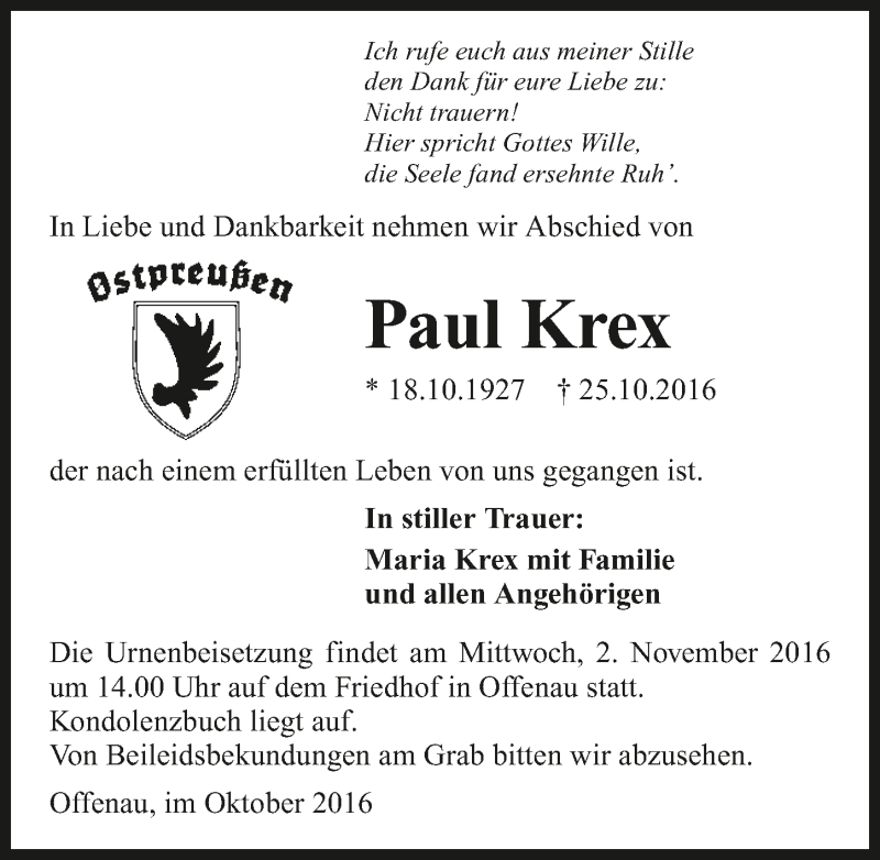  Traueranzeige für Paul Krex vom 29.10.2016 aus 