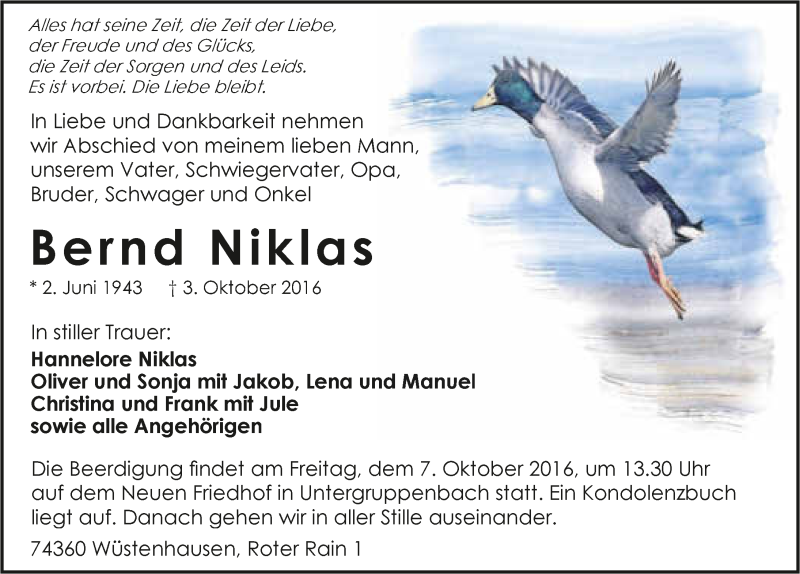 Traueranzeige für Bernd Niklas vom 05.10.2016 aus 