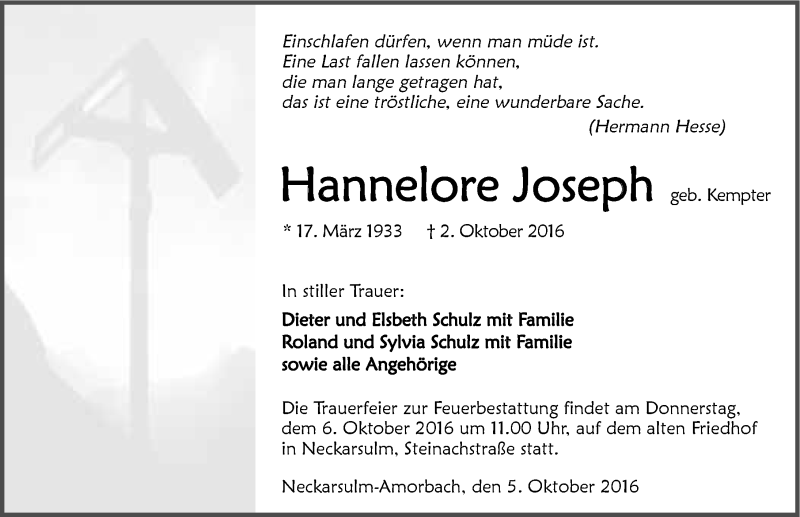  Traueranzeige für Hannelore Joseph vom 05.10.2016 aus 